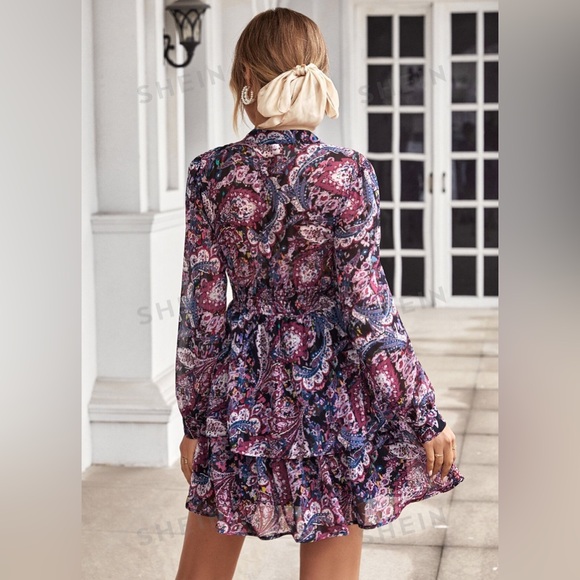 5 for $25! 💕 SHEIN Privé All Over Print Notched Neck Ruffle Hem Dress - Picture 2 of 7